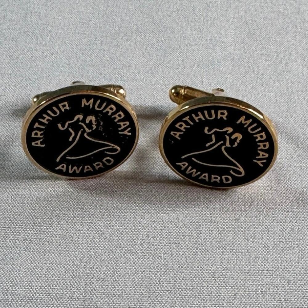 Vintage Hayward Arthur Murray Award Black Enamel Gold Tone Cufflinks Pair